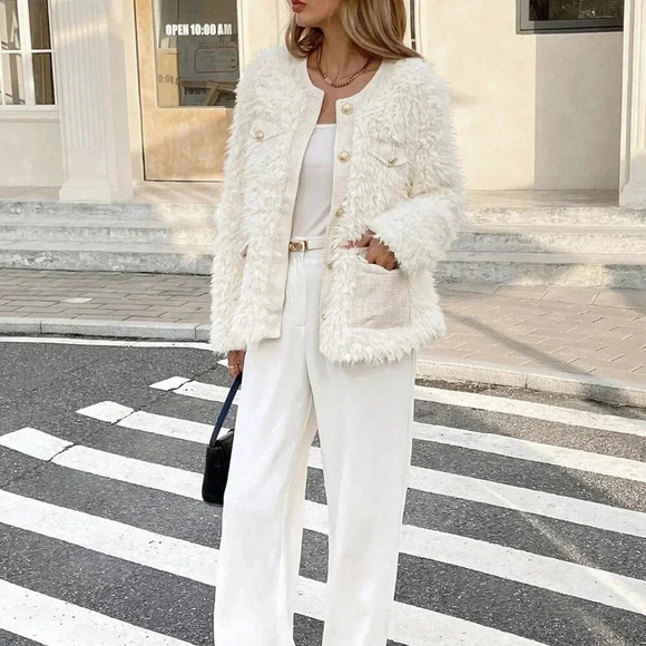 Beige Casual Women's Long Sleeve Faux Fur Crew Neck Tweed Coat - Picture 5 of 6